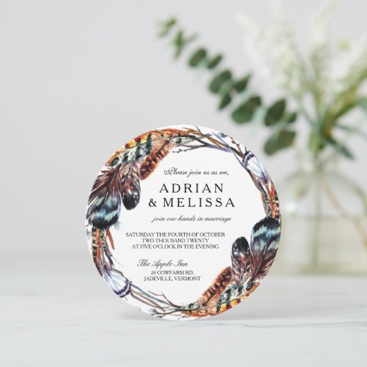 Faire-part de mariage en plume 5,25 x 5,25 Cercle (Debout devant)