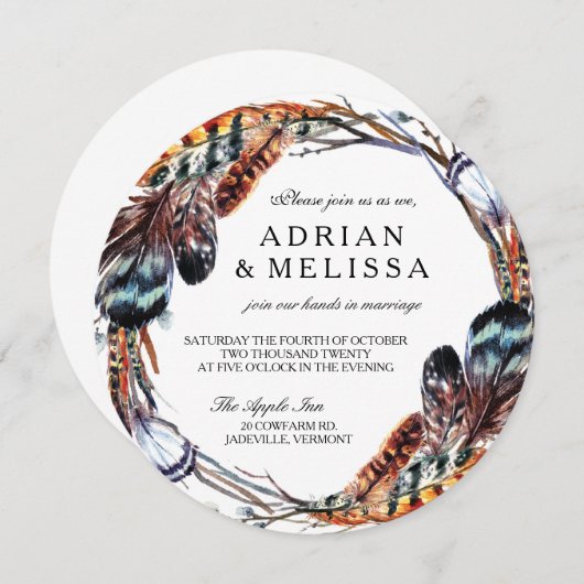 Faire-part de mariage en plume 5,25 x 5,25 Cercle (Devant / Derrière)