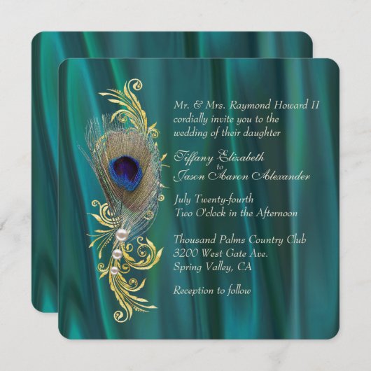 Faire-part de mariage en satin turquoise et en plu (Devant / Derrière)
