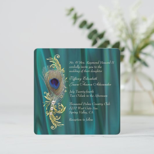 Faire-part de mariage en satin turquoise et en plu (Debout devant)