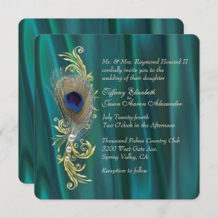 Faire-part de mariage en satin turquoise et en plu
