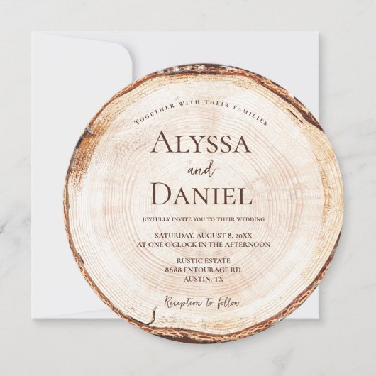Faire-part de mariage en tranche de bois rustique (Devant)