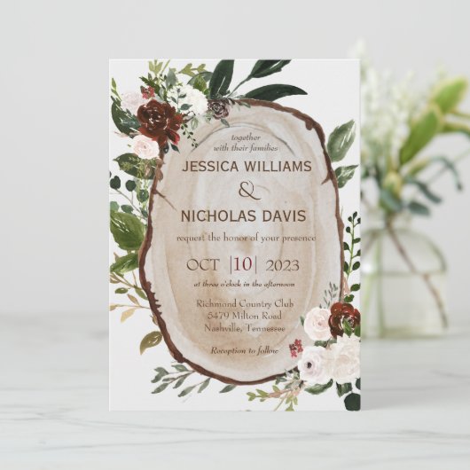 Faire-part de mariage en tranches de bois rustique (Debout devant)