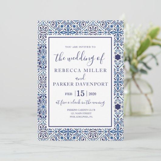 Faire-part de mariage en tuiles bleues espagnoles (Debout devant)