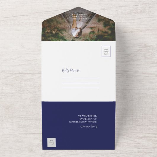 Faire-part de mariage en tuiles bleues tout en une (Dehors)