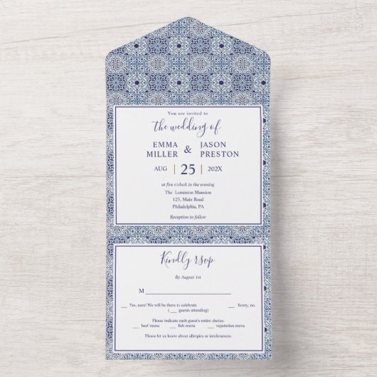 Faire-part de mariage en tuiles bleues tout en une (À l'intérieur)