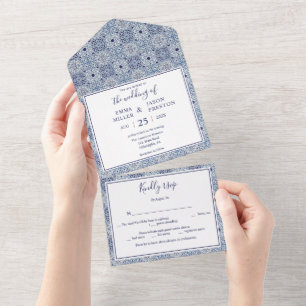 Faire-part de mariage en tuiles bleues tout en une