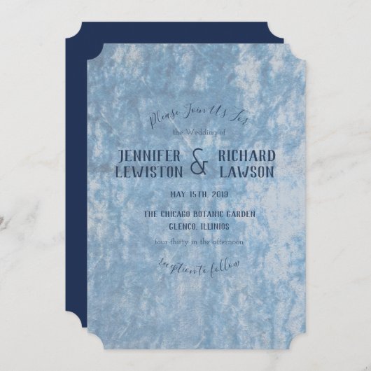 Faire-part de mariage en velours bleu concassé (Devant / Derrière)
