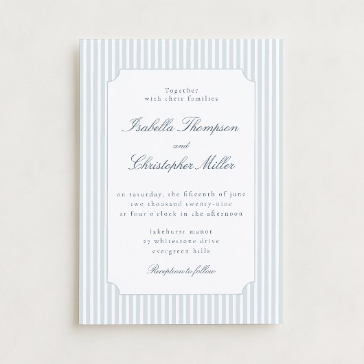 Faire-part de mariage encadré avec une rayure bleu