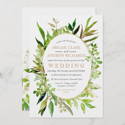 Faire-part de mariage encadrée verte et feuille d' (Devant / Derrière)