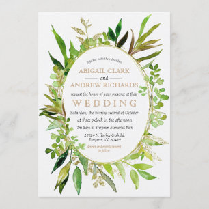 Faire-part de mariage encadrée verte et feuille d'