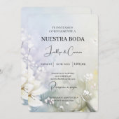 Faire-part de mariage espagnol à fleurs blanches (Devant / Derrière)