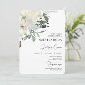 Faire-part de mariage espagnol à fleurs blanches (Debout devant)