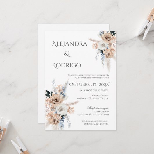 Faire-part de mariage espagnol Boho (Devant/Arrière en situation)