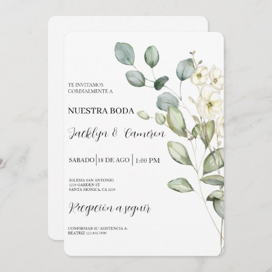 Faire-part de mariage espagnol Eucalyptus (Devant / Derrière)