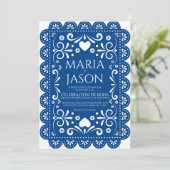 Faire-part de mariage espagnol Papel Picado bleu b (Debout devant)