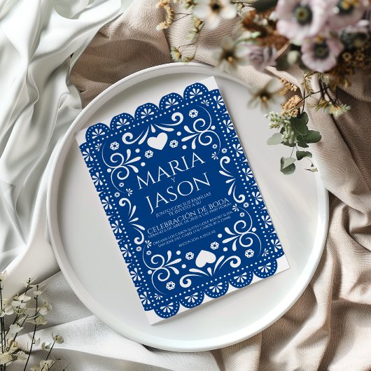 Faire-part de mariage espagnol Papel Picado bleu b