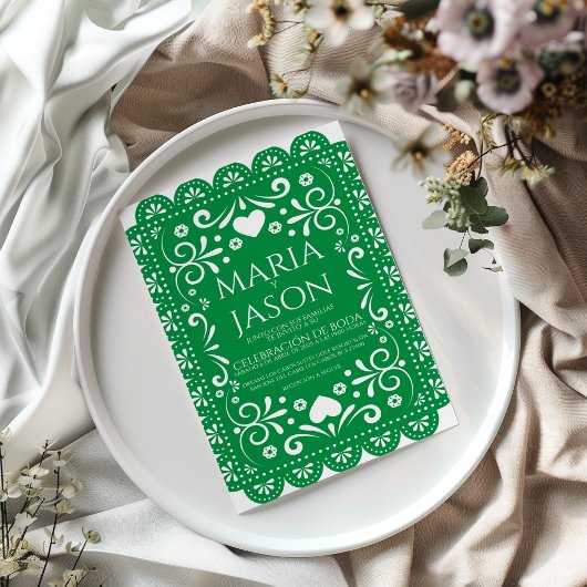 Faire-part de mariage espagnol Papel Picado vert b