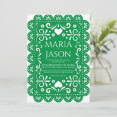 Faire-part de mariage espagnol Papel Picado vert b (Debout devant)