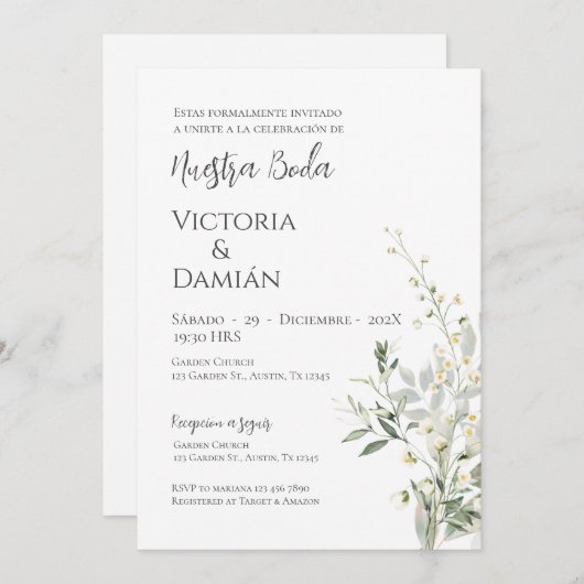 Faire-part de mariage espagnol verdoyant (Devant / Derrière)