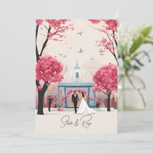 Faire-part de mariage et programme à la rose (Debout devant)