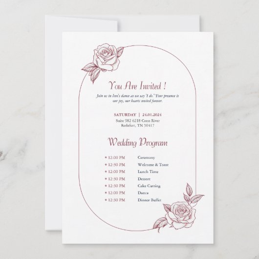 Faire-part de mariage et programme à motif de rose (Dos)