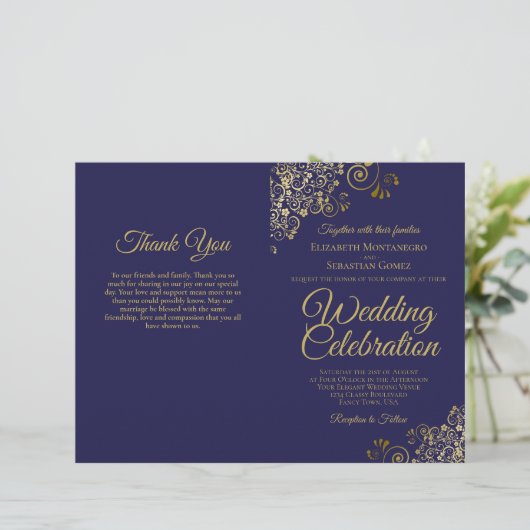 Faire-part de mariage et programme Navy & Or (Debout devant)