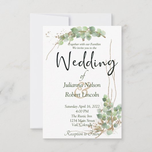 Faire-part de mariage eucalyptus et or (Devant)