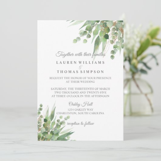 Faire-part de mariage Eucalyptus Gold Parties scin (Debout devant)