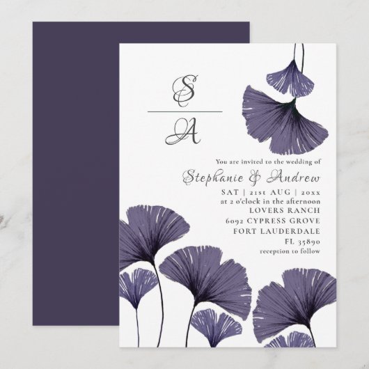 Faire-part de mariage Feuillage de Ginkgo Violet M (Devant / Derrière)