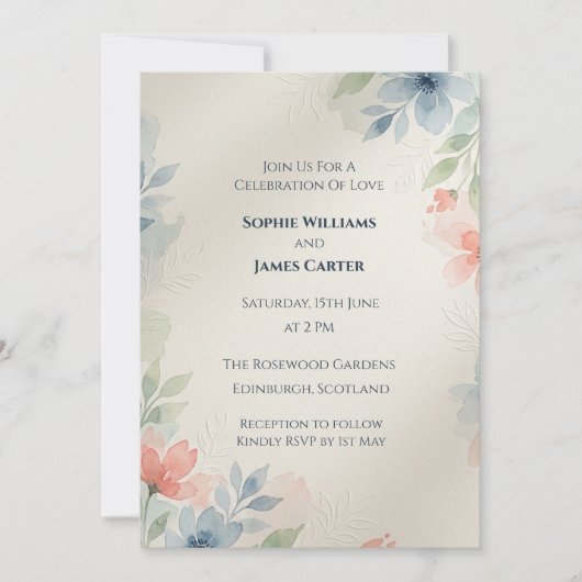 Faire-part de mariage feuille beige bleu (Devant)