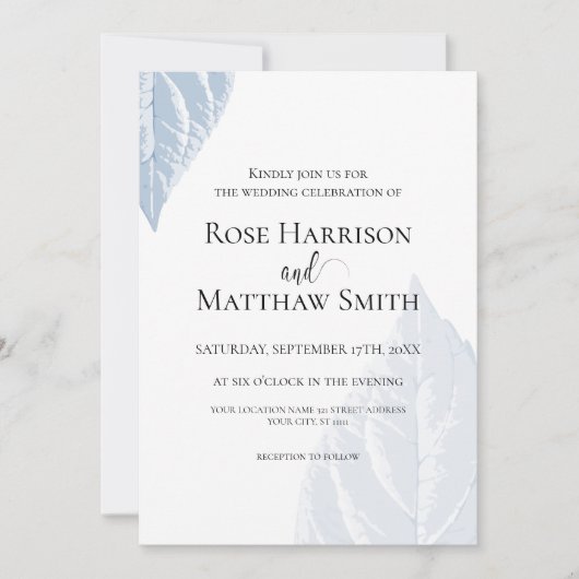 Faire-part de mariage feuille bleu poussiéreux (Devant)