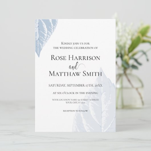 Faire-part de mariage feuille bleu poussiéreux (Debout devant)