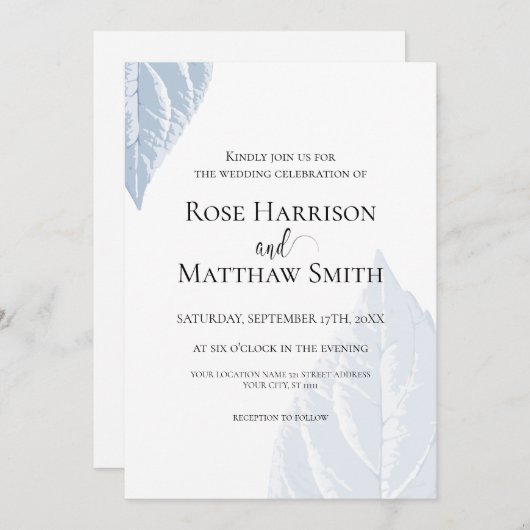 Faire-part de mariage feuille bleu poussiéreux (Devant / Derrière)