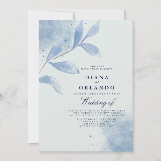 Faire-part de mariage feuille d'aquarelle bleu fon (Devant)