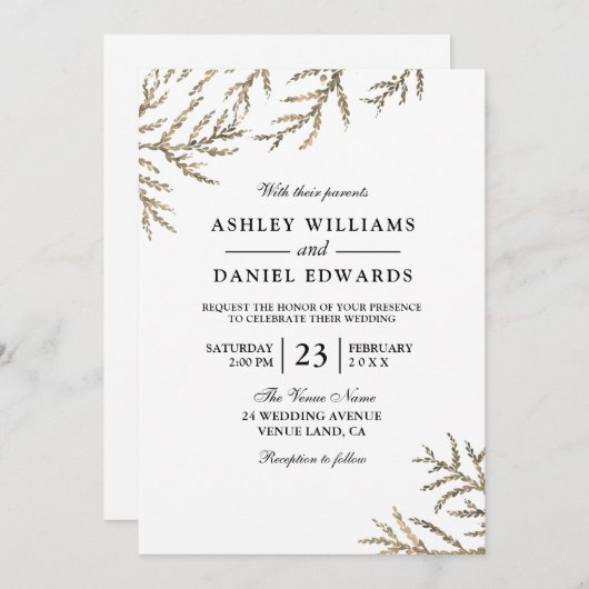 Faire-part de mariage feuille de vin d'or (Devant / Derrière)