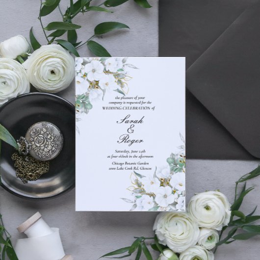 Faire-part de mariage Feuille d'or floral blanc
