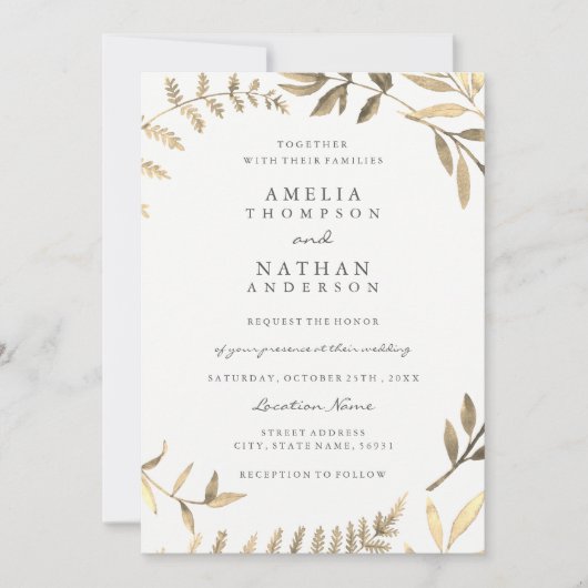 Faire-part de mariage feuille d'or moderne (Devant)