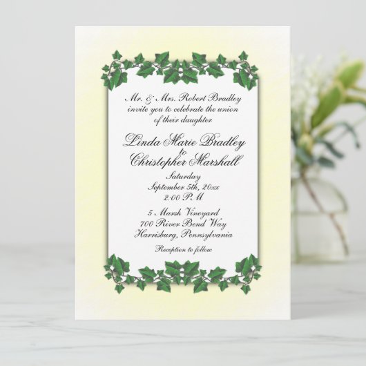 Faire-part de mariage Feuille vert et crème jaune (Debout devant)