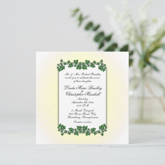 Faire-part de mariage Feuille vert et crème jaune (Debout devant)