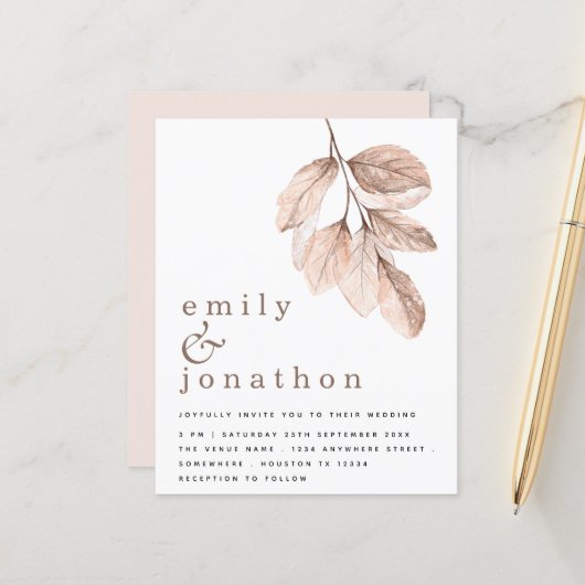 Faire-part de mariage Feuilles de Blush Élégant bu (Devant/Arrière en situation)