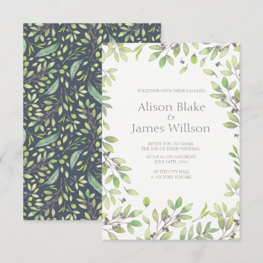 Faire-part de mariage feuilles verts (Devant / Derrière)