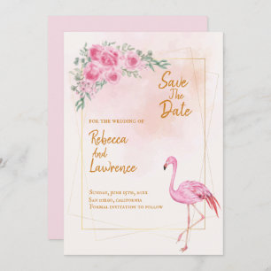 Faire-part de mariage Flamant rose rose cadre or f