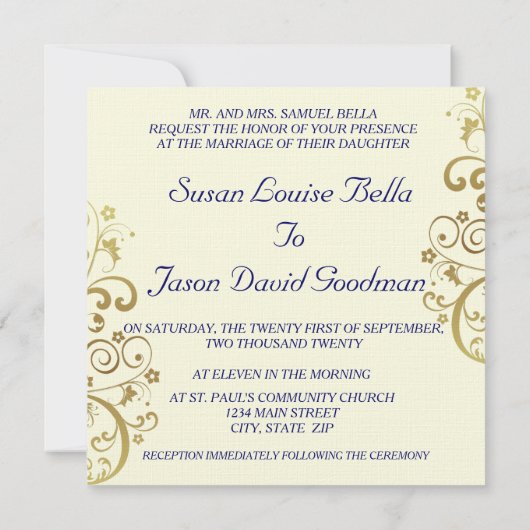 Faire-part de mariage: Flèches Bleu foncé et Or (Dos)