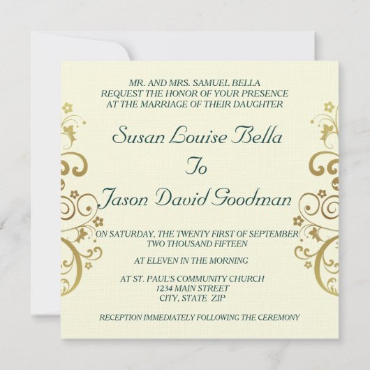 Faire-part de mariage : Flèches vert foncé et or (Dos)