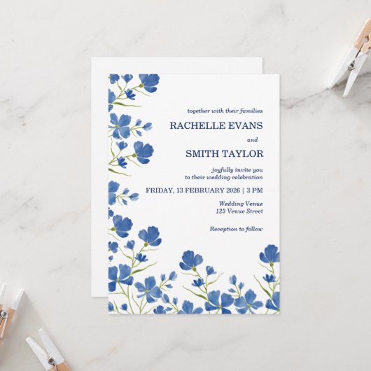 Faire-part de mariage Fleur Bleue Poussiéreuse (Devant/Arrière en situation)