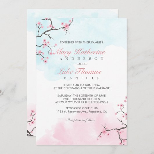 Faire-part de mariage | Fleur de cerisier d'aquare (Devant / Derrière)