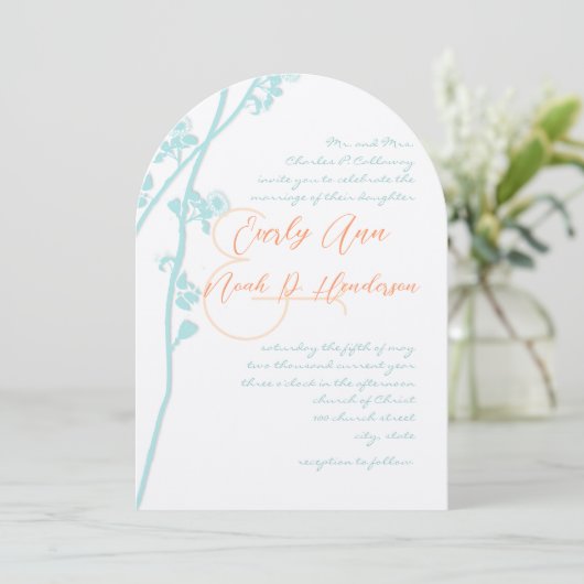 Faire-part de mariage Fleur de corail bleu aqua (Debout devant)