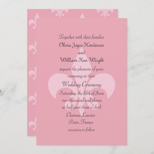 Faire-part de mariage Fleur de Lise en rose (Devant / Derrière)