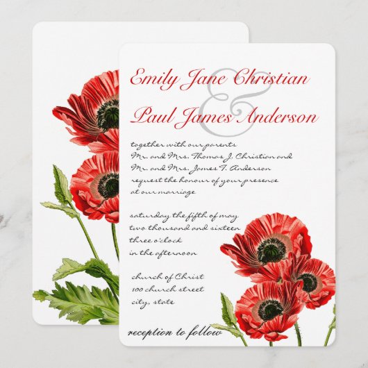 Faire-part de mariage Fleur de pavot rouge (Devant / Derrière)